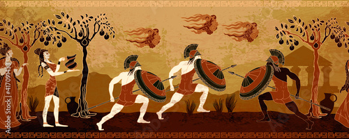 Ancient Greece battle scene. Horizontal seamless pattern. Greek vase painting concept. Spartan warriors. Meander circle style. Red figure techniques. Mythology and legends