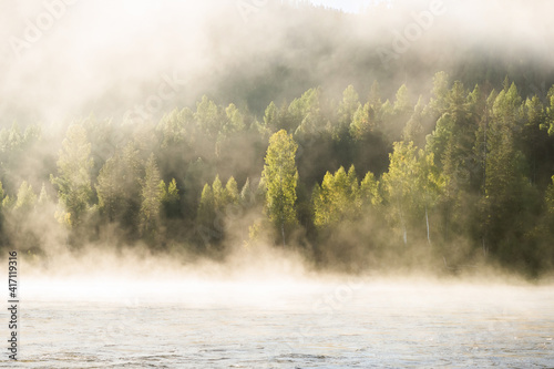 Summer foggy morning at Small Yenisei river. Forest on the river bank.