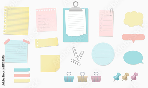 Paper banners notes set with sticky tapes, pins, clips and scotch. Vector illustration