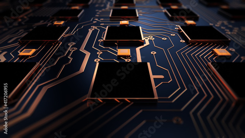 Printed circuit board futuristic server. Abstract circuit board futuristic server code processing. Orange, gold, blue color technology background with bokeh. 3d rendering