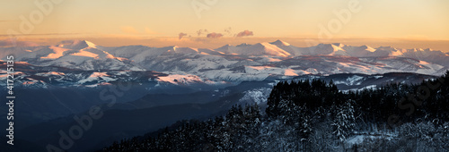 Panoramic view of the Sierra de Ancares at sunset seen from A Fonsagrada (Lugo).