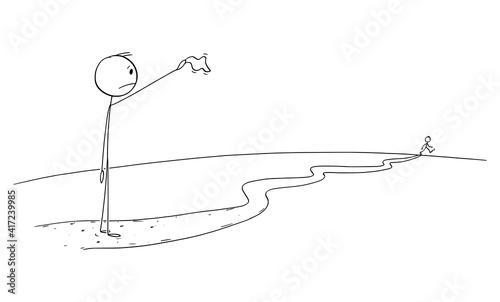 Man or father waving with handkerchief saying goodbye to friend or son leaving on the way. Vector cartoon stick figure or character illustration.