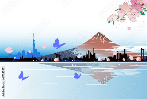 赤富士の春,桜と蝶と街並み