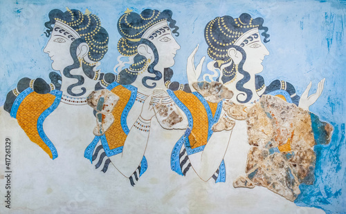 Minoan 'Ladies in Blue' Fresco in Archaeological Museum of Heraklion Crete Greece