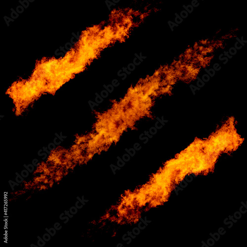 Flame in shape of claws animal scratch scrape track. Three fire jets isolated on black background