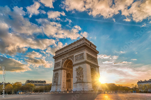 Paris France sunset city skyline at Arc de Triomphe and Champs Elysees