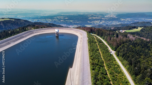 Aerial view of the water retention basin near Hornberg in the Black Forest