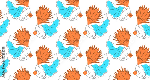 Seamless pattern with colored tropical sea fish. For wallpaper, surface textures, clothes print, greeting cards, textile, fabric decoration. Cute marine animal digital paper. Flat ornament for kids