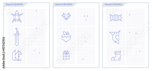 Connect dots with straight lines and draw icon. Logic game for kids on square paper. Repeat the image by example. Educational game for attention for children of kindergarten and preschool age.