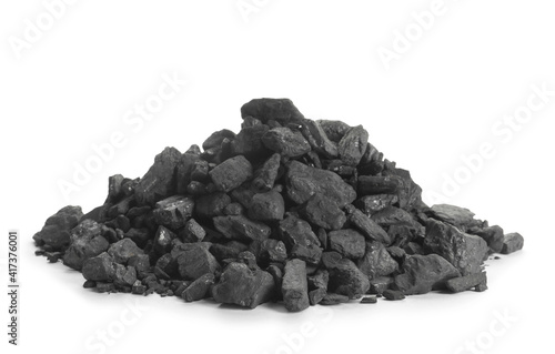 Heap of coal isolated on white. Mineral deposits