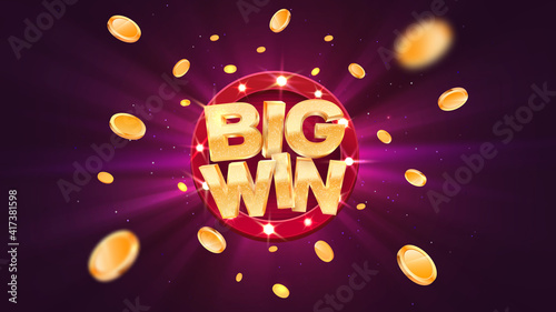Big win gold text on retro red board vector banner. Win congratulations in frame illustration for casino or online games. Explosion coins on purple background.