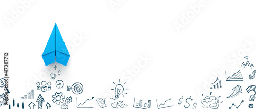 Blue paper plane and business strategy on white background, Business success, innovation and solution concept, copy space