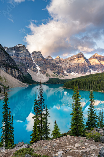 Moraine lake at sunrise, Banff. Canadian Rockies, Alberta, Canada