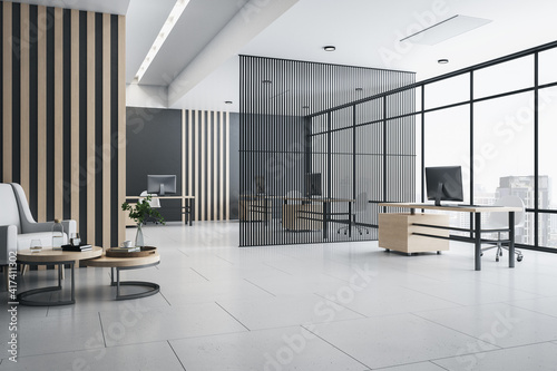 Openspace office interior design with wooden wall and tables, waiting area, tails floor and big window with city view