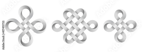 Set of signs made with ribbons intertwined as endless knot and bowen cross. Ancient traditional symbols. Vector illustration.