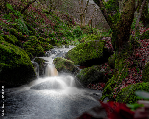Forest river with waterfall in Wicklow moutains, Ireand.