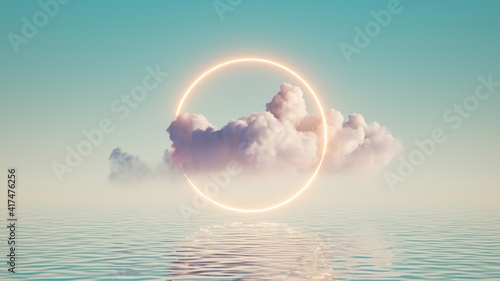 3d render, abstract geometric background, white cloud and glowing neon round frame. Illuminated cumulus. Minimal futuristic seascape with reflection in the water