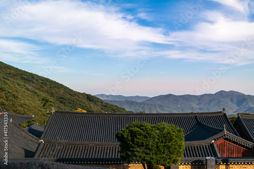 Roof and natural scenery of Beomeosa Temple in Busan, South Korea.
