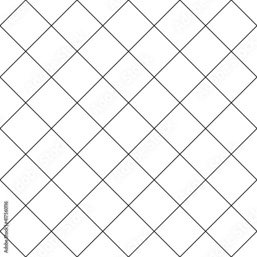 Simple cross grid paper. Cell seamless pattern. Background diagonal squared grating. Criss cross line. Geometric checkered texture. Repeated pattern crisscross net. Repeating square mesh grid. Vector 