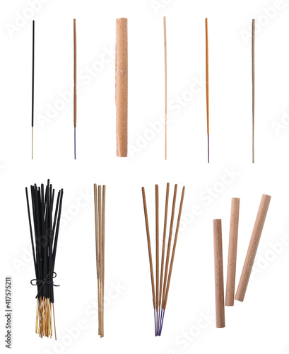 Set with aromatic incense sticks on white background