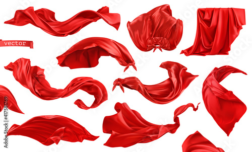 Red curtain, superhero cape 3d realistic vector set
