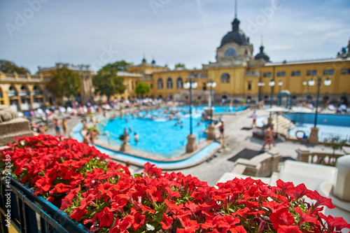 Szechenyi Baths in Budapest, Hungary.Courtyard of Szechenyi Baths, Hungarian thermal bath complex and spa treatments.