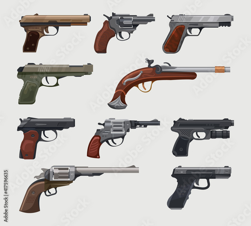 Guns, pistols and revolvers, vintage and retro classic handguns firearm, vector different models. Classic and ancient bullet barrel guns weapon, military army colts, duel and war ammunition