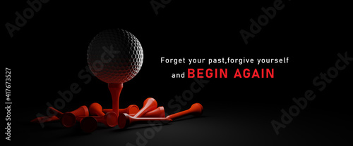 Begin again and start again concept.Close Up white golf ball on a black background.Golf ball on red tee on dark background.copy space and Panoramic banner.