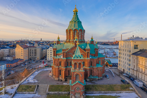 Finland, Helsinki. February 27. View of the Assumption Cathedral, the red church. , photo from drone.