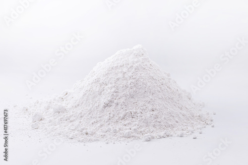 Zinc iodide or Zn2 iodide, white powder. Chemical compound of zinc and iodine on pure white background