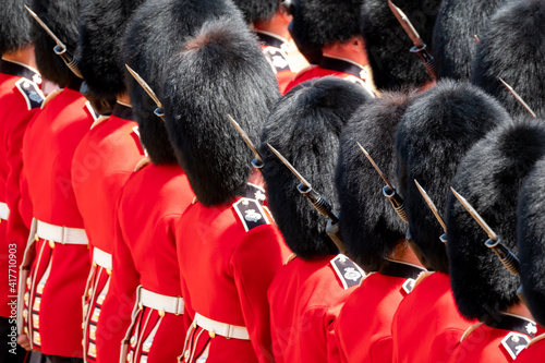 Trooping the Colour, military ceremony at Horse Guards Parade, Westminster with the Coldstream Guards in their red and black traditional uniform and bearskin hats.