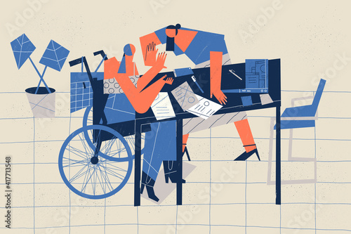 Disabled person sitting in a wheelchair works with co-worker together in the office environment. Inclusion and integration at work conceptual illustration.