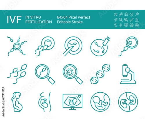 Set of vector line icons of in vitro fertilization, embryo, pregnancy, research. Editable vector stroke. 64x64 Pixel Perfect.
