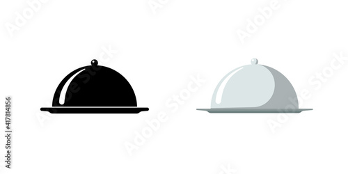 Restaurant cloche. Cafe food serving tray icon set. Covered dish symbol black and silver on white background. Food platter serving signs. Vector isolated illustration