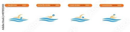 Set of Vector symbols depicting butterfly stroke, front crawl stroke, backstroke and breaststroke swimmers. Swimming pool icons. Sports activity in water sign. Isolated in white background.