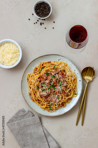 Italian pasta spaghetti bolognese. National cuisine. Recipe. Italian food.