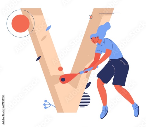 Concept sport letter V for vigoro. Woman with racket playing and smiling