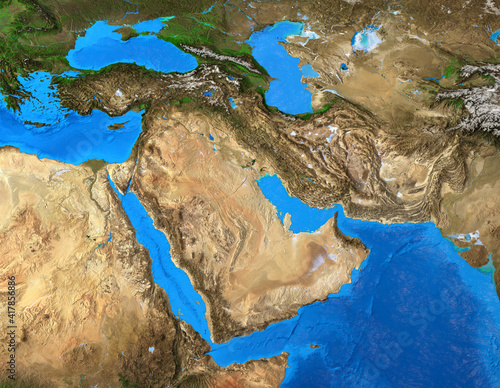 Physical map of Middle East. Geography of Arabian Peninsula. Detailed flat view of the Planet Earth and its landforms. 3D illustration - Elements of this image furnished by NASA