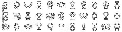 Awards line icons set. Trophy cup, Medal, Winner prize icon