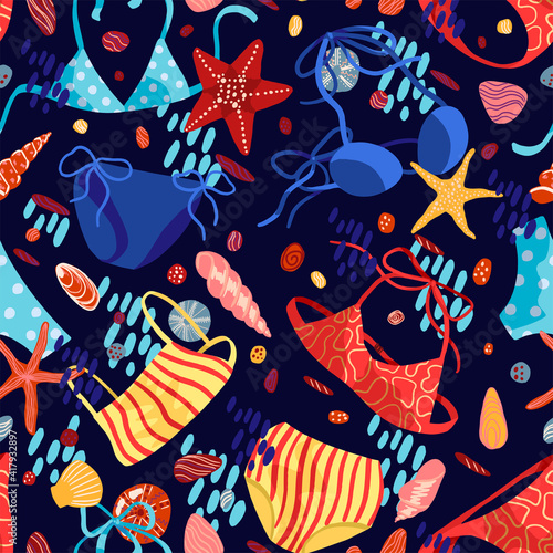 Womens swimsuits, bikini, starfishes. Hand drawn vector seamless pattern. Colorful ornament for summer, vacation, beach theme. Design for fabric, textile, wallpapers, print, card, decor, background.
