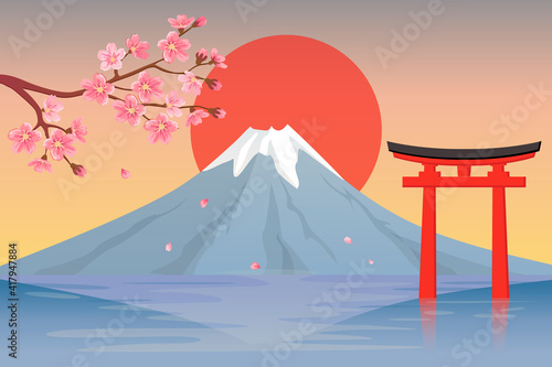 Mount Fuji, cherry blossoms, lake Kawaguchiko. Japan landscape