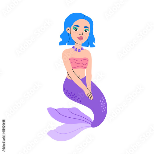 Cute little mermaid, magical funny princess character for kids, hand drawn pretty girl with blue hair and purple tail in flat cartoon style, modern trendy illustration isolated on white background