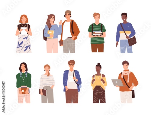 Set of diverse modern students with bags, books and laptop. Portraits of smiling people studying in college or university. Flat vector illustration of young men and women isolated on white background