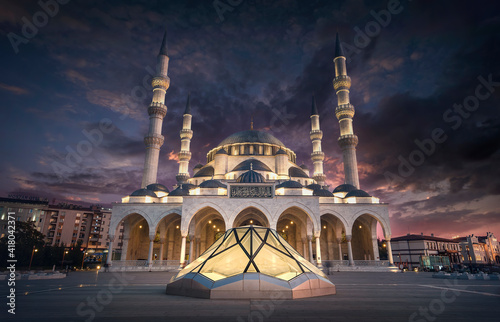 New Melike Hatun Mosque in Ankara, Turkey, close to Genclik Park, in the capital city at sunset