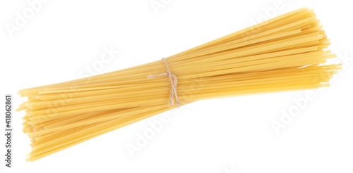 Bunch of pasta isolated on white background. spaghetti tied with rope