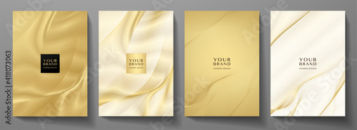 Modern cover design set. Gold abstract line pattern (guilloche curves) in premium gold color. Luxury golden stripe vector layout for business background, certificate, brochure template