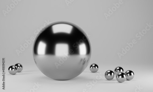 3d render of silver sphere on white background with space for text