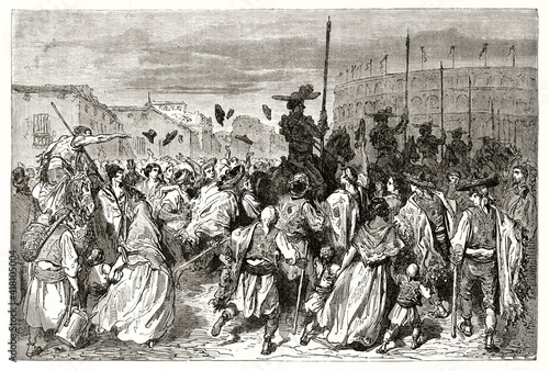 acclaimed by noisy merry crowd picadores going to the arena, Spain. Ancient grey tone etching style art by Dore, Magasin Pittoresque, 1838