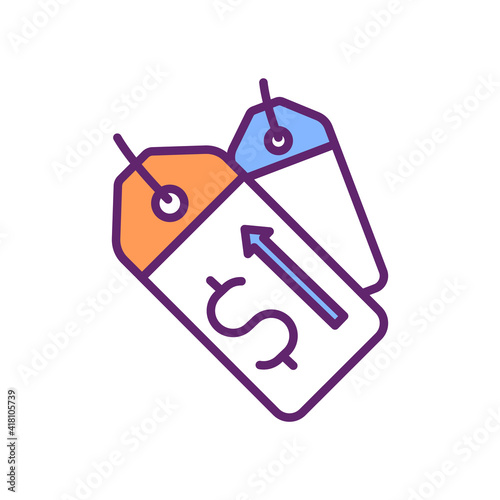 Price surges in market RGB color icon. Speculation. Securities price movements. Demand spikes. Asset value increasing. Surge pricing system. Flexible value for products. Isolated vector illustration