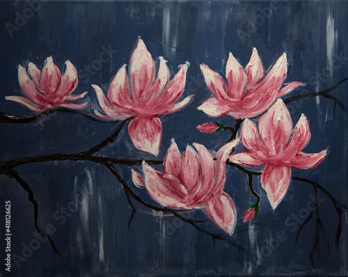 Pink magnolia blossoms on a twig in spring against a blue background.Acrylic painting. Spring magnolia flower in full bloom. Hand painted image.